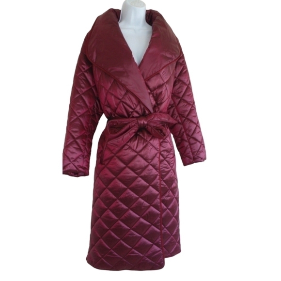 Cleo Women's Belted Quilted Puffer Trench Coat Maroon Red Large - Picture 7 of 10